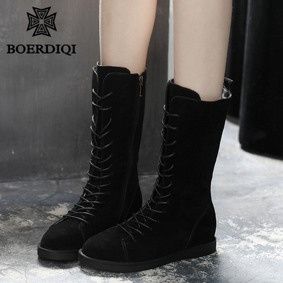 波尔谛奇2017冬新款真皮加绒平底中筒靴子女休闲机车马丁靴14027