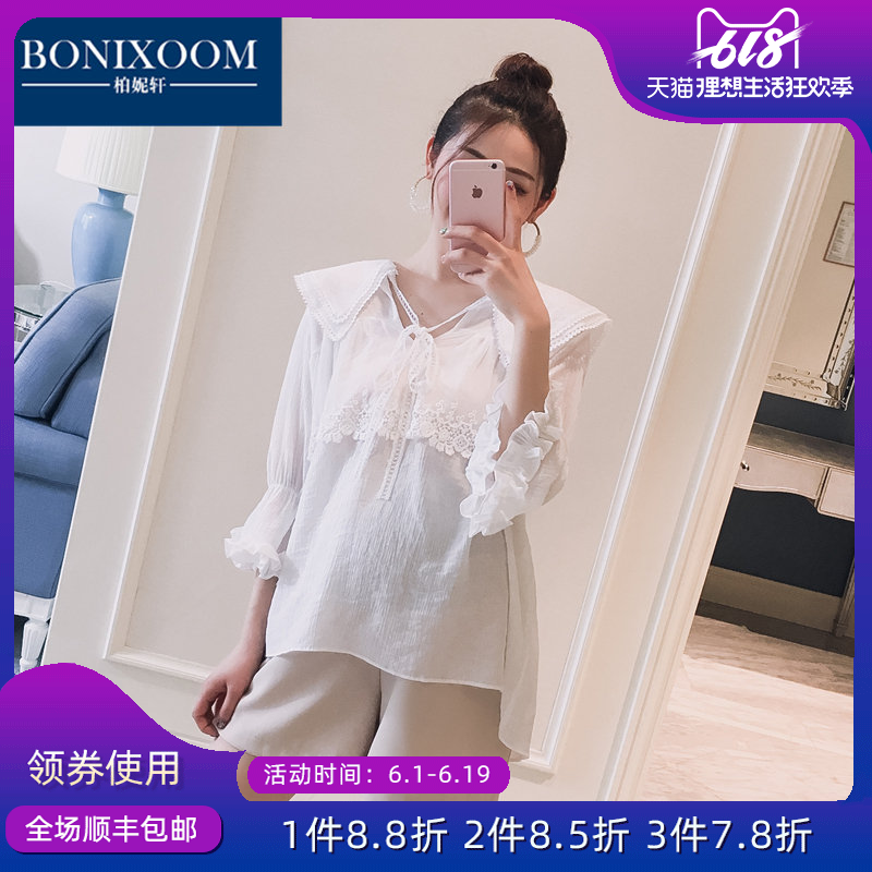 柏妮轩 孕妇装2019夏装新款蕾丝网纱拼接系带宽松雪纺衫ZQ0513|ruв категории Всё для беременных и кормящих, материнство, рубашка/шифон рубашка - от Buy2taobao.com для оказания профессиональной услуги покупки агента Taobao