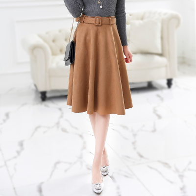 鹿皮绒半身裙a字裙女 春秋季复古高腰显瘦大摆