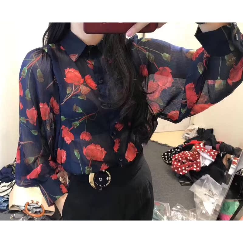 2018 Chiffon Retro perspective Autumn printing Korean Edition jacket Sunscreen new pattern puff sleeve shirtin the Women's clothing/Boutique , Lace shirt/Chiffon shirt category - from Buy2taobao.com to provide professional Taobao agent buy service