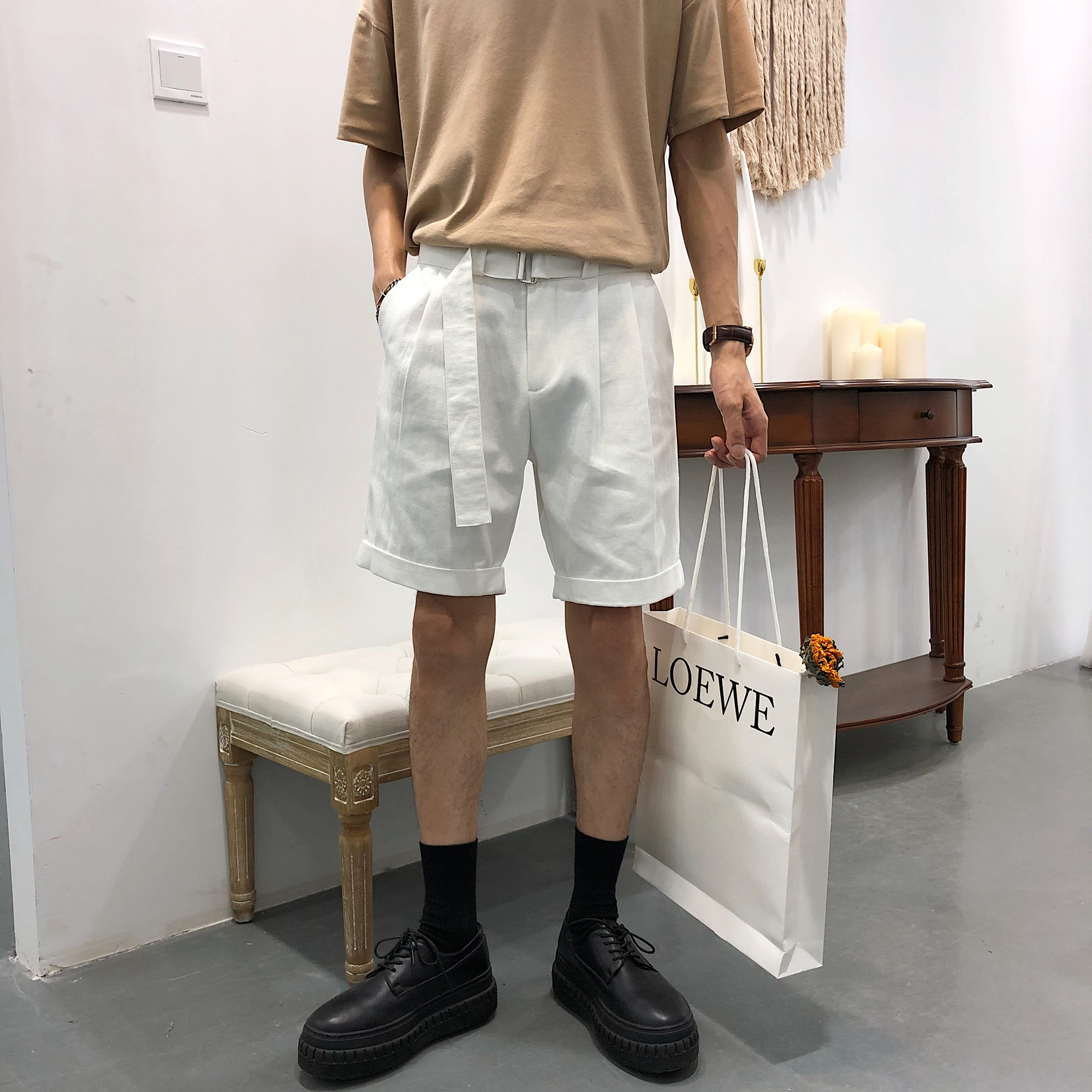 态度 / 简约气质 腰带装饰 宽松休闲短裤 韩版ins网红纯色西裤 男在类目 男装, 西裤中 - 来自Buy2taobao.com提供专业的淘宝代购服务