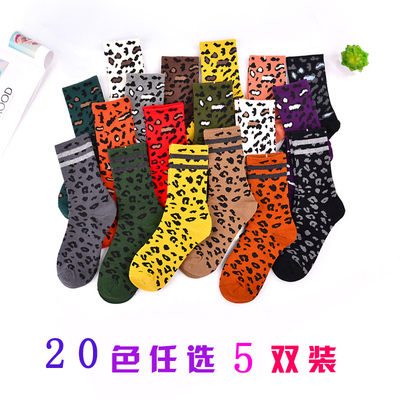 豹纹袜子女中筒韩国东大门网红洋气潮秋冬款纯棉厚日系长筒堆堆袜