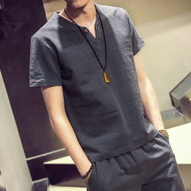 珀斯人男式t恤2019新款夏季純色亞麻短袖T恤日系青年修身上衣在類目 男裝, T恤中 - 來自Buy2taobao.com提供專業的淘寶代購服務