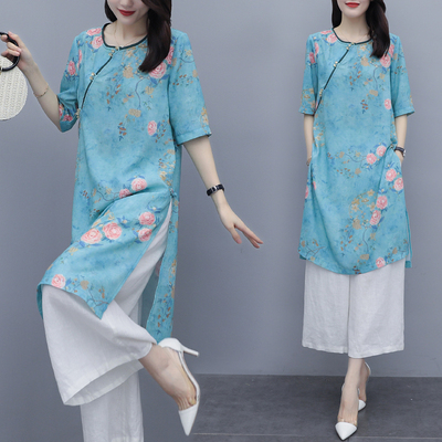 2020夏装新款时尚宽松洋气大码民族风两件套棉麻苎麻阔腿裤套装女