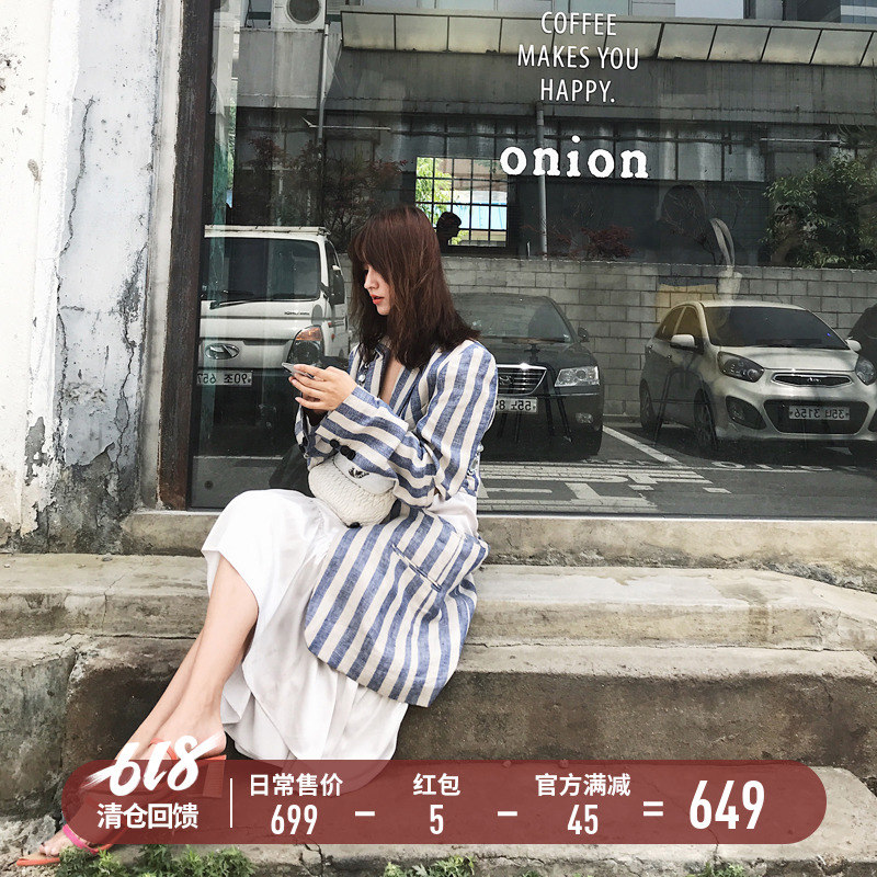 Pay intelligence Flax Single suit coat Korean Edition Easy stripe cotton Mid length version coat 2019 Spring and summerin the Women's clothing/Boutique , Suit category - from Buy2taobao.com to provide professional Taobao agent buy service