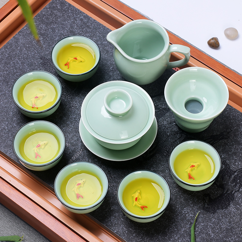 青瓷功夫茶具套装家用整套陶瓷茶壶盖碗茶杯带鲤鱼杯泡茶器品茗杯在类目 餐饮具, 茶具, 功夫茶具中 - 来自Buy2taobao.com提供专业的淘宝代购服务