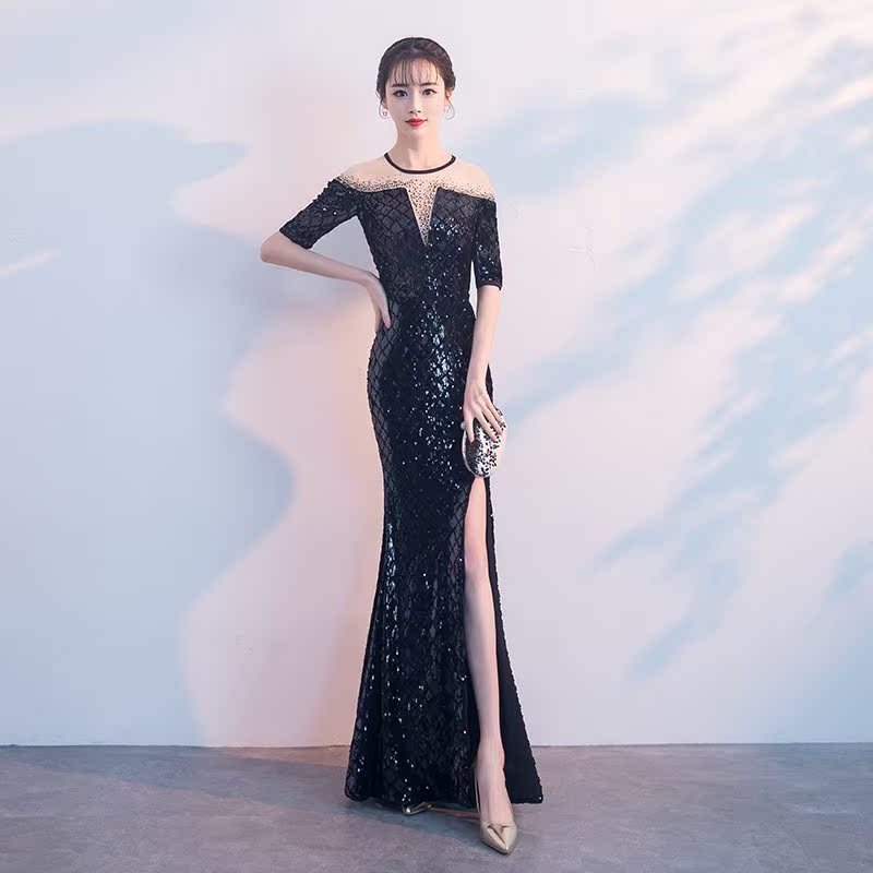 晚礼服女2018新款中袖亮片时尚开叉显瘦鱼尾主持人年会宴会演出服|ruв категории Женская одежда, Cвадебные платья, платье/вечернее платье - от Buy2taobao.com для оказания профессиональной услуги покупки агента Taobao