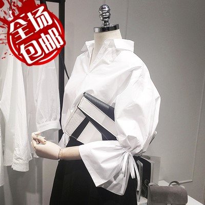 春季韩版宽松V领前短后长白衬衫女灯笼喇叭袖系带衬衣上衣潮|msdalam kategori Butik wanita / wanita, shirt - dari Buy2taobao.com untuk memberikan perkhidmatan ejen Taobao profesional membeli