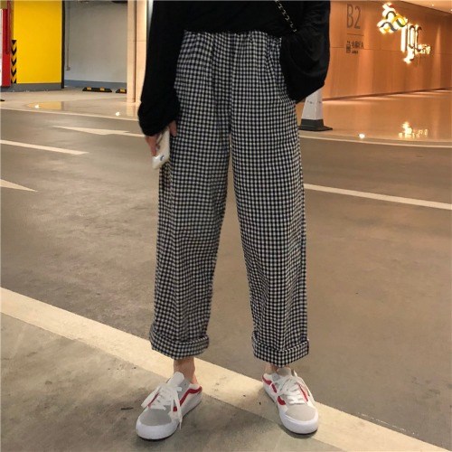 春秋季新款港风女超火bf百搭口袋松紧腰黑白格子复古阔腿裤长裤潮在类目 女装/女士精品, 裤子, 休闲裤中 - 来自Buy2taobao.com提供专业的淘宝代购服务