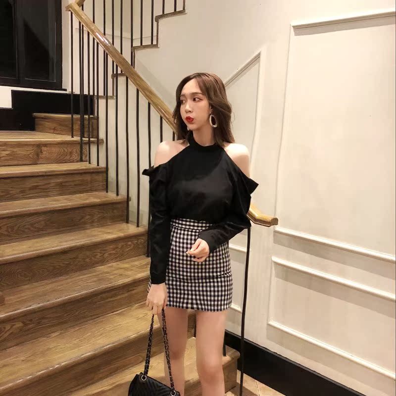 2019 Spring halter strapless Easy Long sleeve Tunic Paige Black and white grid skirt Short skirtin the Women's clothing/Boutique , Skirts category - from Buy2taobao.com to provide professional Taobao agent buy service