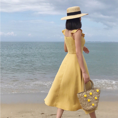 DALU STUDIO2017夏季新款小飞袖荷叶边连衣裙A字大摆背心裙