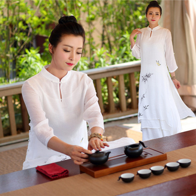 中式文艺复古改良旗袍茶服女夏天丝棉麻竹叶飘逸长裙禅意连衣裙仙