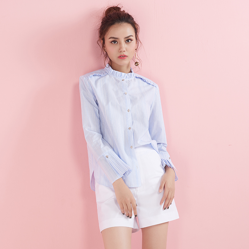 HeyDress原创设计淡蓝色条纹喇叭袖衬衫女长袖立领chic韩版衬衣