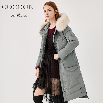 miss COCOON2018冬装新款女装狐狸毛领连帽中长款加厚羽绒服