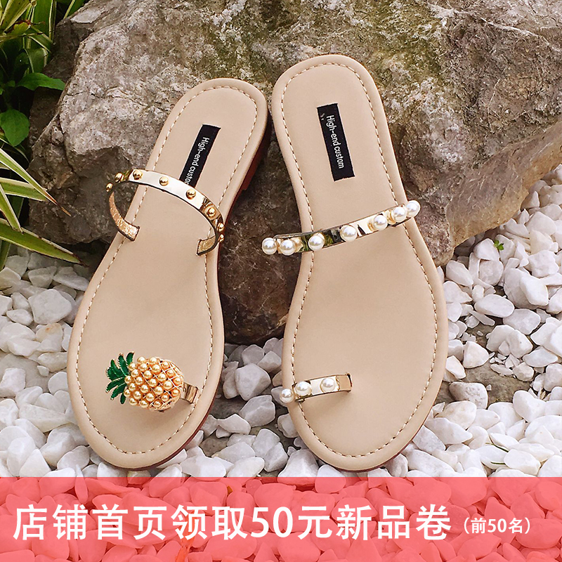2019 summer new pattern Mandarin Duck pineapple Pearl Flat bottom Sandals Exorcism Sets of toe genuine leather Sandy beach slipperin the Women's Shoes, Slippers category - from Buy2taobao.com to provide professional Taobao agent buy service