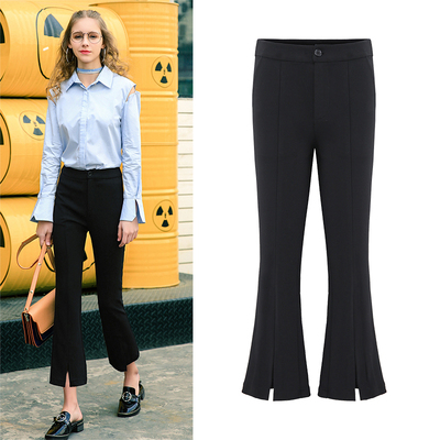 MG小象黑色宽松裤子女2018春装新款微喇叭裤高腰开叉休闲九分裤潮