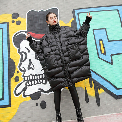 棉服女冬2017新款亮面大口袋蝙蝠型棉衣宽松中长款保暖立领外套潮
