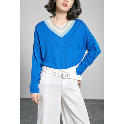 よ 现在穿正好~条纹亮丝V领 宽松羊毛针织衫 女 812S058