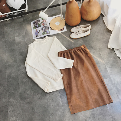 韩国代购进口 店主自留棕橘色直筒显瘦松紧腰麂皮绒半身裙女