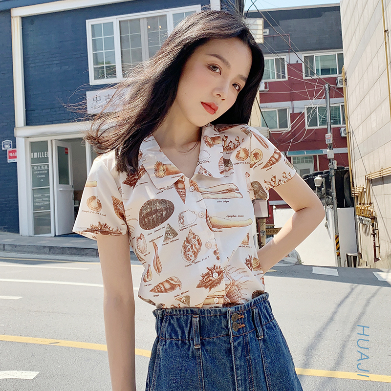 Flowers Kyrgyzstan A097 Korean Edition Retro Short sleeved printing shirt 2019 new pattern Lapel Waist on vacation shirtin the Women's clothing/Boutique , Shirt category - from Buy2taobao.com to provide professional Taobao agent buy service