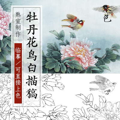 工笔画白描稿六尺牡丹花国画底稿线稿熟宣手绘可直接上色临摹过稿