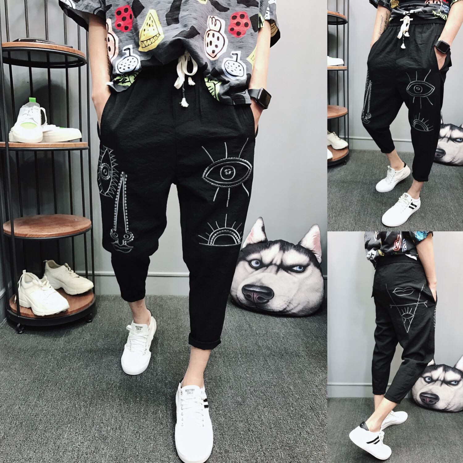 Haren pants trousers Embroidery Flax Ninth pants Casual pants summer Korean Edition summer Thin section Pencil Pantsin the Men's clothing, Casual pants category - from Buy2taobao.com to provide professional Taobao agent buy service