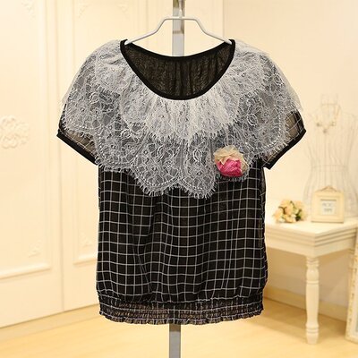 四期2016夏装品牌折扣女装6X1440圆领蕾丝拼接钉花格子短袖雪纺衫