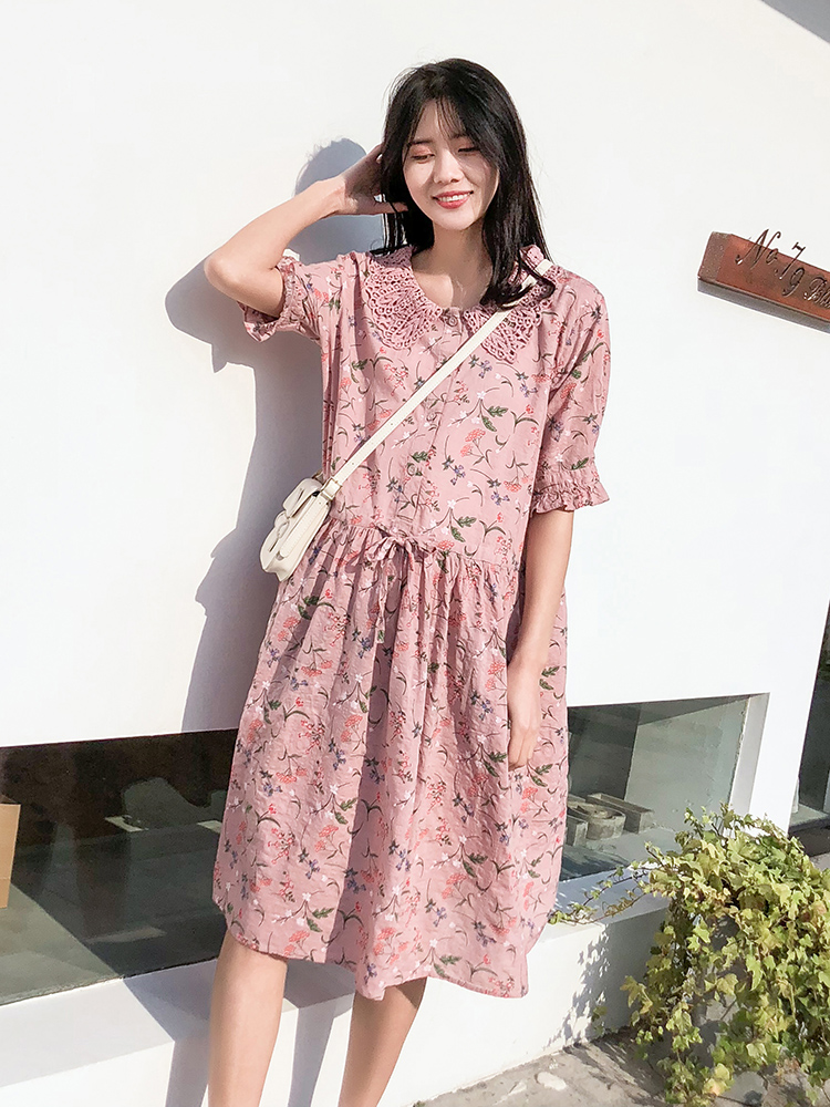 2019新款孕妇夏季碎花蕾丝花边领中长款韩版连衣裙柔软透气孕妇裙在类目 孕妇装/孕产妇用品/营养, 孕妇装, 连衣裙中 - 来自Buy2taobao.com提供专业的淘宝代购服务