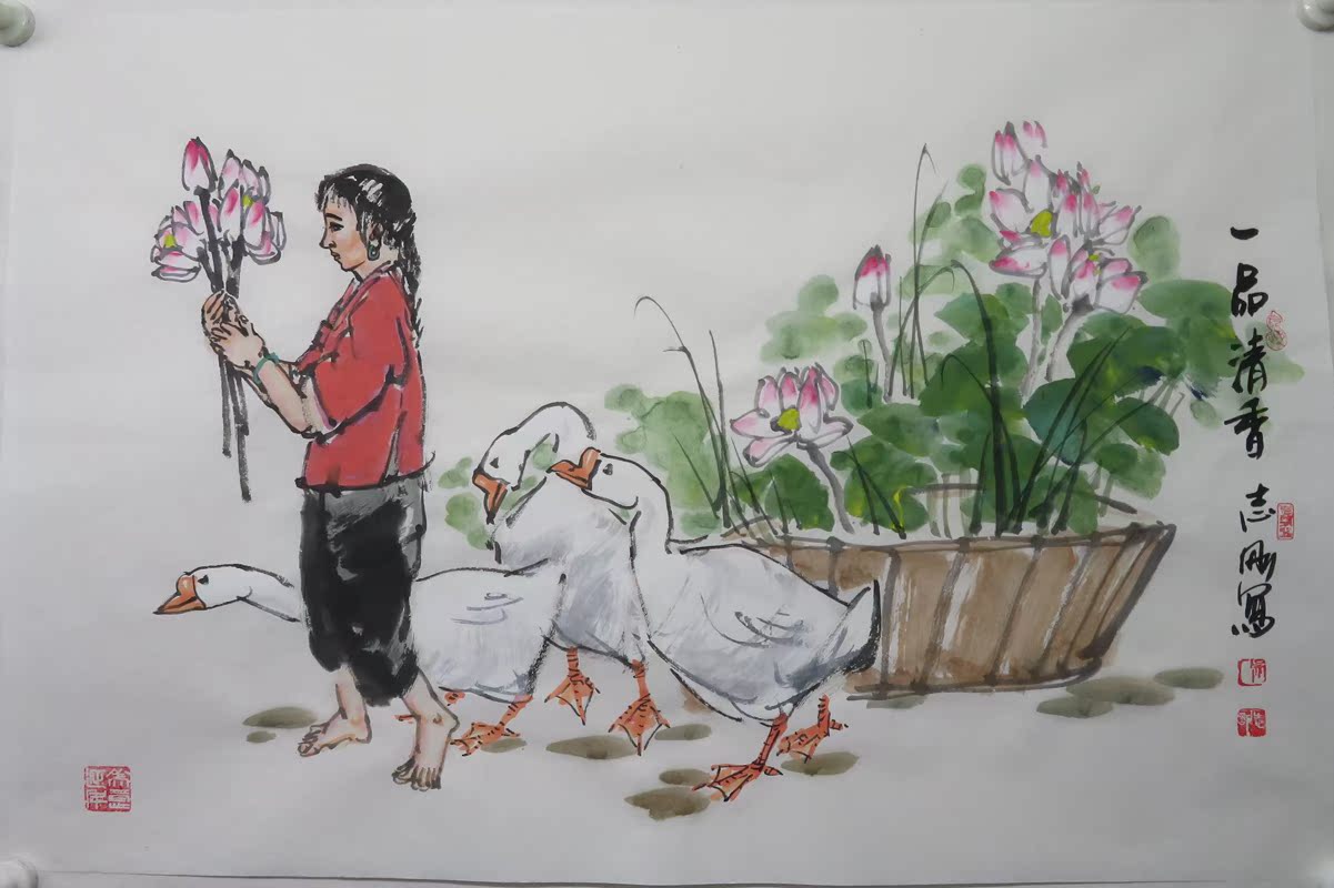 吴志刚小写意水墨人物国画《小娥赶大鹅》《牧鹅图》农家女大白鹅在类目 家居饰品, 装饰画, 国画中 - 来自Buy2taobao.com提供专业的淘宝代购服务