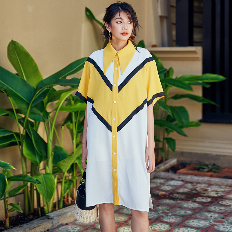 ins衬衫女设计感小众港风拼接撞色衬衣裙宽松bf慵懒方领连衣裙夏|msdalam kategori Butik wanita / wanita, shirt - dari Buy2taobao.com untuk memberikan perkhidmatan ejen Taobao profesional membeli