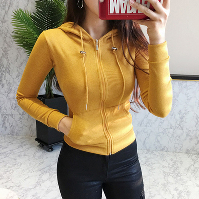 卫衣2017新款女开衫秋冬季显瘦运动休闲纯棉连帽紧身上衣短款外套