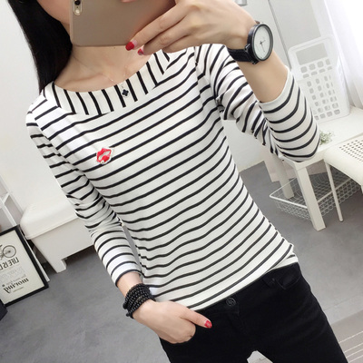 2018春季新款女装大码胖mm条纹打底衫女纯棉长袖t恤女拼接上衣服