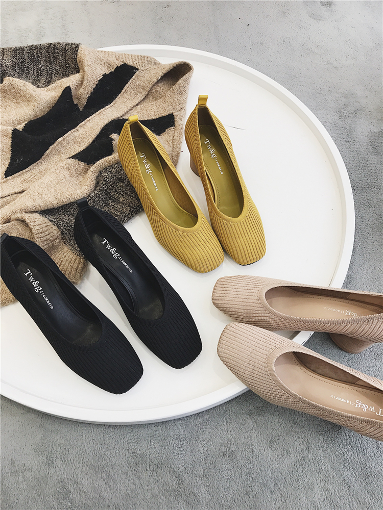 Shallow mouth single shoes women 2019 new pattern High-heeled shoes With crude weave Square Versatile Retro Nude color girl knittingin the Women's Shoes, Low shoes category - from Buy2taobao.com to provide professional Taobao agent buy service