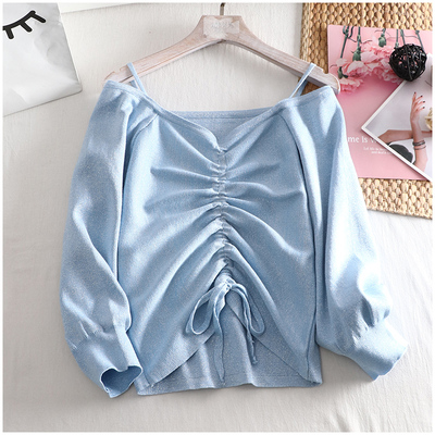 淘淘衣裳 春装时尚新款2019修身系绳百褶性感露肩针织衫女64628