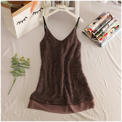 淘淘衣裳 秋季时尚百搭毛针织拉链吊带连衣裙女 34039#1