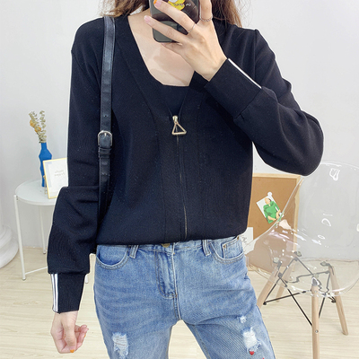 包邮 秋季新款韩版时尚拉链V领百搭长袖针织衫上衣女105009