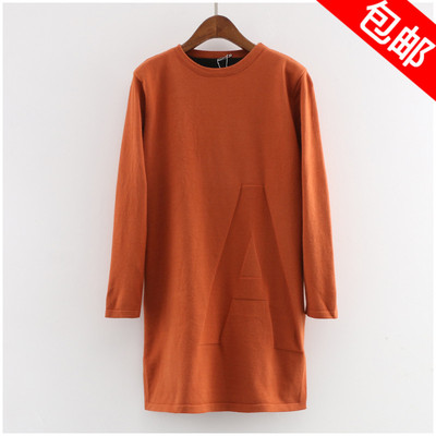包邮 冬季圆领套头纯色加绒中长款长袖开叉连衣裙10611