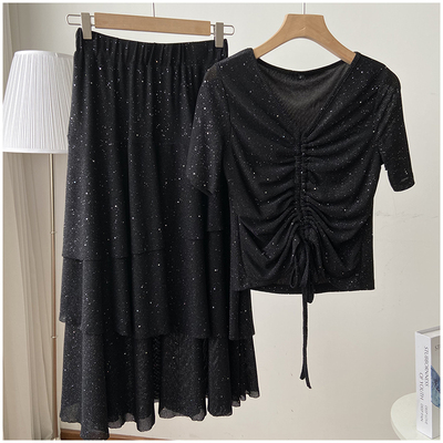 wan美塑形高挑显身段！ju显瘦V领短T高腰藏肉蛋糕长裙气质113353