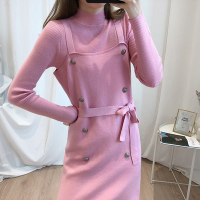 包邮 2019秋款时尚衣裙套装修身弹力针织衫+吊带连衣裙两件180213