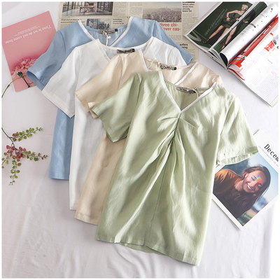淘淘衣裳 夏季韩版时尚百搭V领短袖褶皱修身舒适T恤女 31272