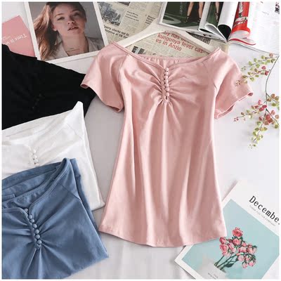 淘淘衣裳 夏季时尚百搭一字领露肩短袖多扣修身T恤女 31502