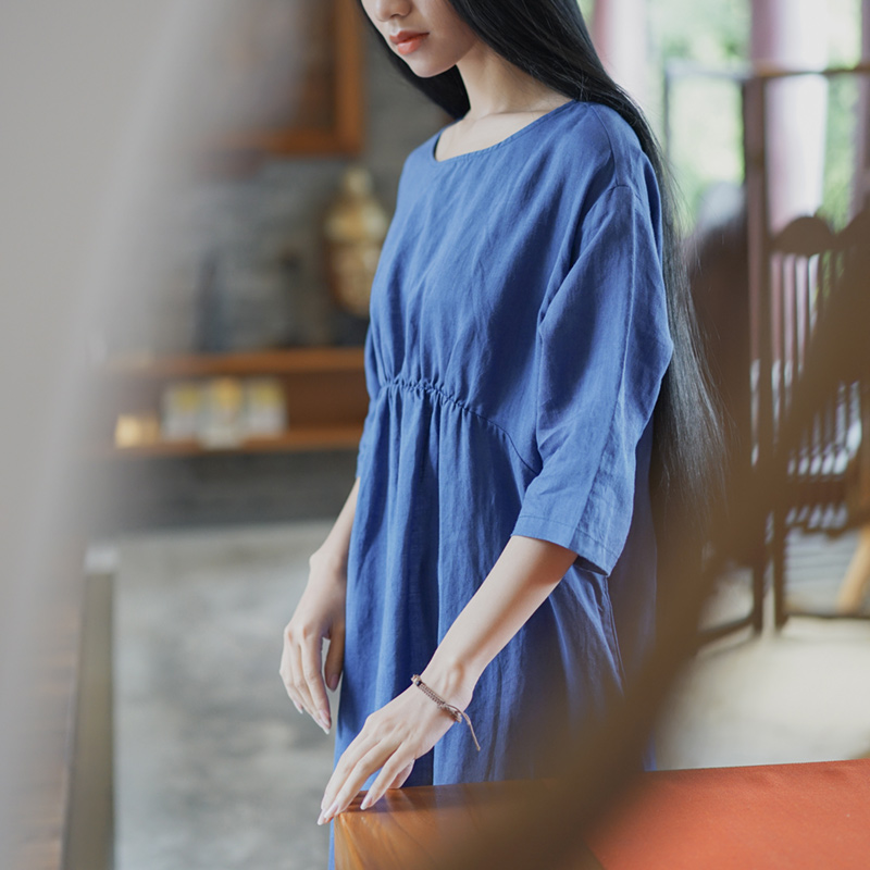 文艺棉麻蓝色苎麻棉麻连衣裙女短袖2019夏新款宽松显瘦休闲中长款|ruв категории Женская одежда, костюм/национальная одежда/театр костюм, костюм/китайский стиль одежды, юбка - от Buy2taobao.com для оказания профессиональной услуги покупки агента Taobao