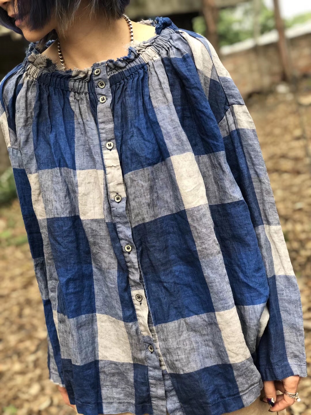 小丸子2019夏季新款韩版亚麻上衣毛边松紧圆领大格子衬衫女娃娃衫|ruв категории Женская одежда, рубашка - от Buy2taobao.com для оказания профессиональной услуги покупки агента Taobao