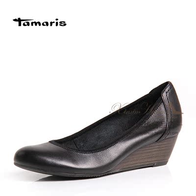 现货 德国tamaris女鞋正品坡跟单鞋黑色正装工作鞋22301 22320