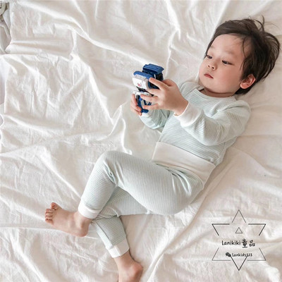 LANIKIKI 18秋冬 儿童纯棉条纹高腰护肚睡衣套装家居服三色