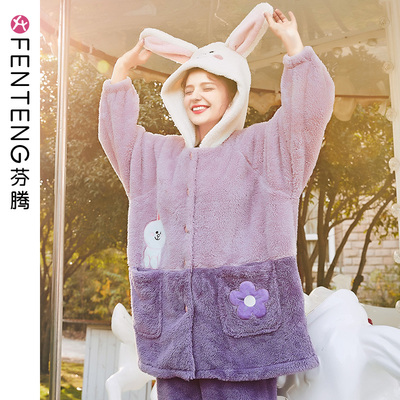 芬腾韩版布朗熊秋冬长袖珊瑚绒睡衣女连帽加绒开衫可爱法兰绒套装