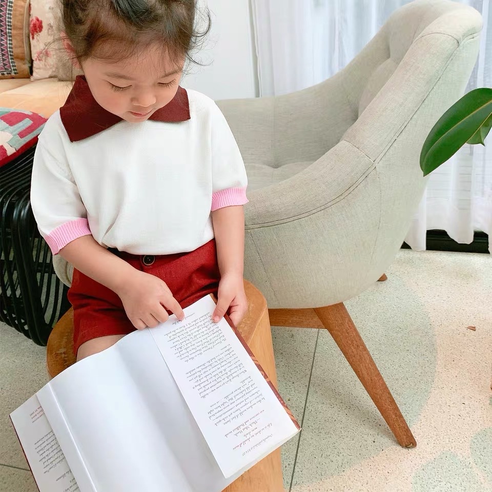史豌豆女孩童装夏可爱清凉翻领天丝麻上衣甜美撞色领针织短袖t恤在类目 童装/婴儿装/亲子装, 衬衫中 - 来自Buy2taobao.com提供专业的淘宝代购服务