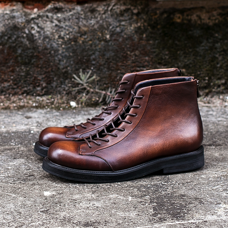 TRD Europe and America Retro work clothes Male boots Round genuine leather Wipe color Paratrooper boot Side zipper Ami Khaki Gaobang Bootsin the Men's Shoes, Boots category - from Buy2taobao.com to provide professional Taobao agent buy service
