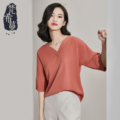 梵希蔓2018夏季新款女装韩版v领雪纺衫短袖宽松显瘦蝙蝠袖上衣