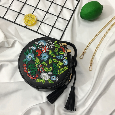 民族风刺绣小圆包迷你流苏链条小包包女2019新款时尚单肩斜挎女包